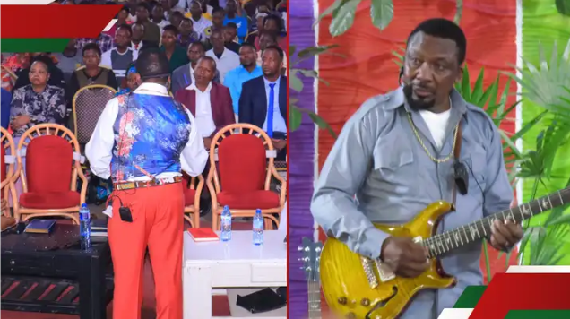 Pastor James Ng’ang’a speaking during a church service, addressing his congregation with a serious expression.