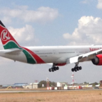 Kenya Airways Boeing 787-8 aircraft on the runway under cloudy skies.