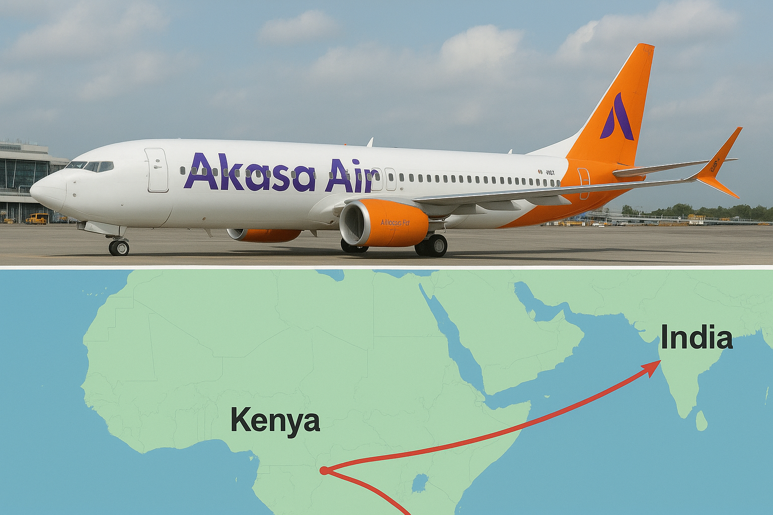 Akasa Air airplane parked at airport beside a map illustrating planned India–Kenya route