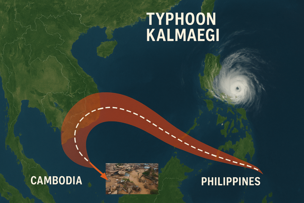 Aerial view of Typhoon Kalmaegi forming over the South China Sea as it barrels toward Cambodia.