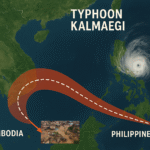 Aerial view of Typhoon Kalmaegi forming over the South China Sea as it barrels toward Cambodia.