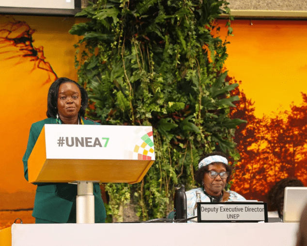 Environment CS Dr. Deborah Barasa delivers her remarks during the opening of the seventh UN Environment Assembly in Nairobi.