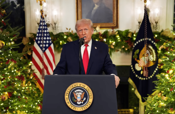 U.S. President Donald Trump speaks during a nationally televised address from the Diplomatic Reception Room at the White House in Washington, D.C.