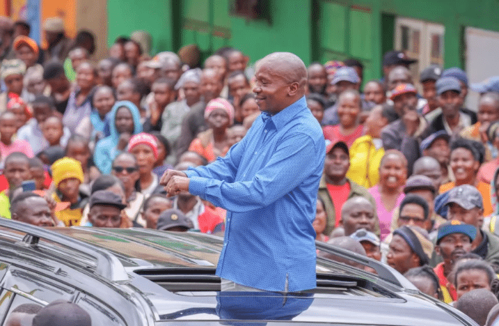 Deputy President Kithure Kindiki speaks to residents during the groundbreaking ceremony for the 13-kilometre Kangundo–Mwala Road project.